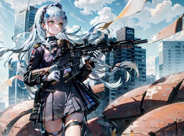 1 girl,masterpiece,best quality, lens flare, depth of field, (close-up:1.3), (wide shot, fisheye:0.85), facefocus, 1girl ,standing, ((light blue long hair), uniform, (holding weapon, holding rifle,aiming,aim:1.2), gun, h&k hk416, carbine, open fire, firing, sunny,blue sky,cloudy sky,city,street,road sign, skyscraper, <lora:hk416GirlsFrontline_20:0.85> <lora:hKHK416Lora_v20:0.7>