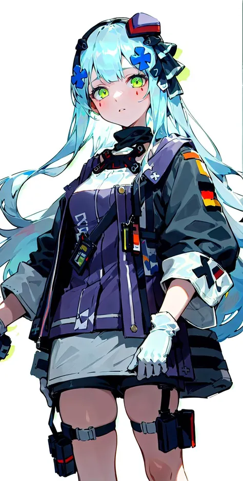 (1 girl),(solo),masterpiece,best quality, simple background,white background,cool,HK416 mod3 \(girls' frontline\),expressionless,standing, (light blue hair),long hair,hair ornament, white gloves, <lora:hk416GirlsFrontline_20:1>, <lora:Crayon drawing:0.8>