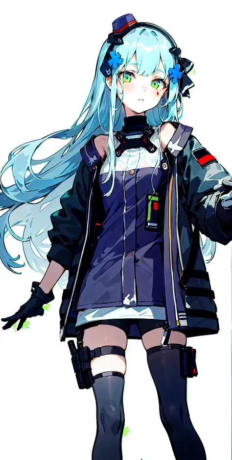 (1 girl),(solo),masterpiece,best quality, simple background,white background,crayon drawingcool,HK416 mod3 \(girls' frontline\),expressionless,standing, (light blue hair),long hair,hair ornament, white gloves, <lora:hk416GirlsFrontline_20:0.8>, <lora:Crayon drawing:1>, <lora:add_detail:-0.5>