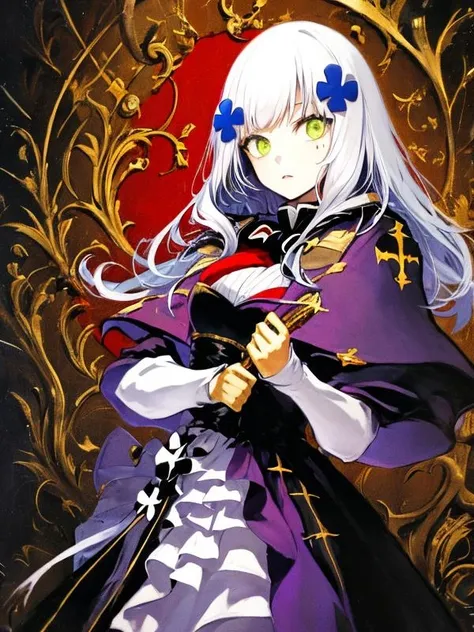 masterpiece, best quality, ultra-detailed, 1girl, solo, solo focus, <lora:HK416c:1>, HK416Dress, white hair, green eyes, <lyco:ayami-style:1.0>, ayami_style, gothic architecture, castle,