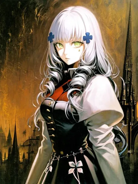 masterpiece, best quality, ultra-detailed, 1girl, solo, solo focus, <lora:HK416c:1>, HK416Dress, white hair, green eyes, <lyco:ayami-style:1.0>, ayami_style, gothic architecture, castle,