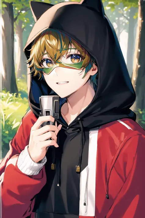 domino mask, hood up, forest, 1boy, hoodie, <lora:DominoMaskV8:0.6>