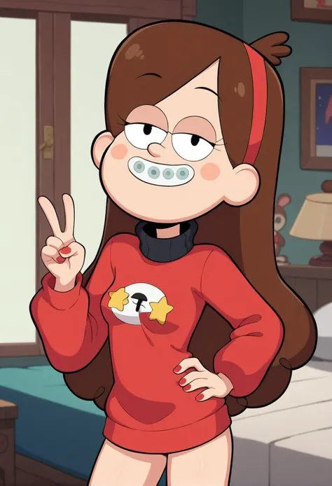 score_9, score_8_up, score_7_up BREAK
1girl, flat color, upper body, looking at viewer, Mabel, hand on own hip, peace sign, head tilt, blush stickers, cowboy shot, red nails, braces, half-closed eyes, small breasts, turtleneck sweater, bare thighs, black choker, long eyelashes, indoors, bedroom, windows, night, <lora:tomorrowlandbailey937_Mabel.Pines_Pony.XL:0.65>