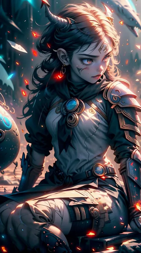 an awarded profesional photography of 1girl Rejni - athletic, wild female warrior with pale white skin (((white skin))) extreamally white, ((red eyes)) horns, Dark brown hairs with gold highlights, (((long tiefling tail))), small breasts, scars on left side of face, (((glowing runes on right side of face))), (((shark teeth))), bare feets, (((armor made by hair of her victims))), multiple colors and lengths bounded by cupper coil. grabing weapon, grabing trident, trident made by bones and fangs of dragon, <lora:GlowingRunesAI:0.5> GlowingRunesAI_red, , Nick Park Three-Point Lighting,(epic scene:1.3),ultradetialed character with perfect face,detailed skin,(ultrasharp:1.3),(masterpiece:1.3),best quality ,(photorealistic:1.2),ultrarealistic,realistic ultradetailed character,4k perfect quality,character focus, Magnificent,Imperceptible detail,Intricately designed, <hypernet:sxzBloom_sxzBloom:0.6> hotify <lora:dream like_20231124044637:0.71> photo_unp ,skin details , AS-YoungerV2 , Sitting on a chair with one hand resting on the knee and the other hand holding a pen or pencil.