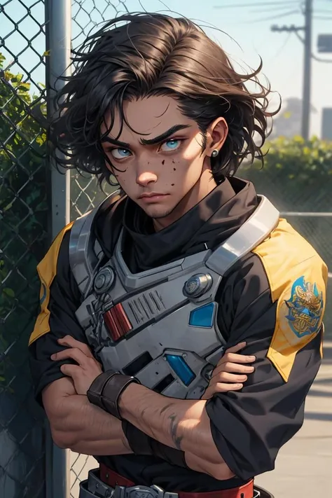 (1man), (male:1.2), old, aged up, age spots face, finely detailed eyes and face, lean body, cruel and twisted menacing appearance, gaunt, thin face that seems almost skeletal in appearance, mocha skin, chocolate brown short messy textured quiff hair, aquamarine eyes, pencil mustache, skeptical face, leaning against a fence with arms crossed, lavish details, roman gladiator outfit, masseffect, finely detailed background, Depth of Field, VFX, Cowboy Shot