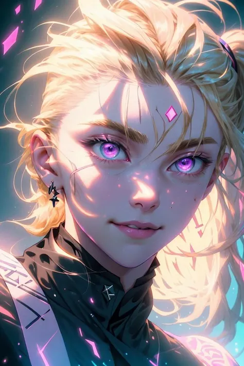 (1man), (male:1.2), youthful face, finely detailed eyes and face, slim body, impeccable grooming, exuding confidence and sophistication, dark skin, blonde straight ponytail with fade hair, violet eyes, grateful face, far-reaching details, rockstar outfit, <lora:GlowingRunesAIv4:0.6>, GlowingRunes_pink, glowing runes, finely detailed background, Depth of Field, VFX