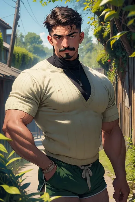 (1man), (male:1.2), mature, aged up, pretty boy face, chiseled jawline, finely detailed eyes and face, athletic body, physique exudes strength and power, sun-kissed skin, moss green straight gentleman's cut hair, black eyes, handlebar mustache, in-depth details, naked with only vintage tweed shorts, (full body:0.7), finely detailed background, Depth of Field, VFX.