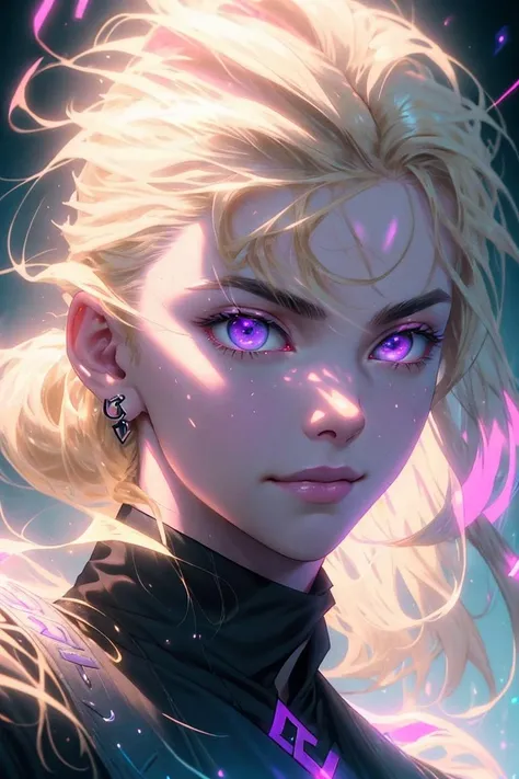 (1man), (male:1.2), youthful face, finely detailed eyes and face, slim body, impeccable grooming, exuding confidence and sophistication, dark skin, blonde straight ponytail with fade hair, violet eyes, grateful face, far-reaching details, rockstar outfit, <lora:GlowingRunesAIv4:0.6>, GlowingRunes_pink, glowing runes, finely detailed background, Depth of Field, VFX