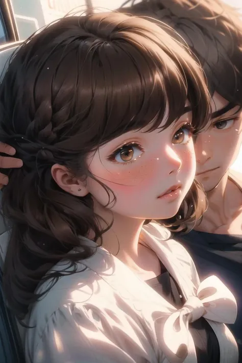 Intricate Details, Masterpiece, Best Quality, High Resolution,  1girl, 1boy, blush girl, couple, height difference, brown hair, black hair, long hair, short hair, hand on another's shoulder, finely detailed background, Depth of Field, VFX, <lyco:Saya-hand on another's shoulder:1.0>