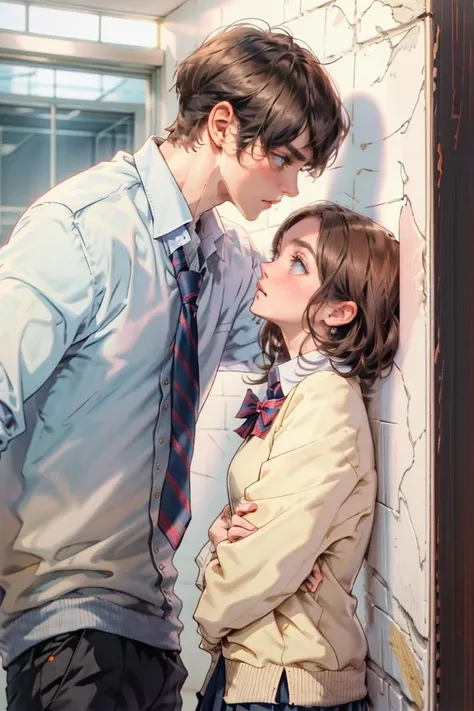 Intricate Details, Masterpiece, Best Quality, High Resolution, (kabedon, against wall:1.3), 1girl, 1boy, blush girl, couple, looking at another, hetero, height difference, tall boy, short girl, school uniform, brown hair, black hair, long hair, short hair, finely detailed background, Depth of Field, VFX <lyco:壁咚kabedon:0.8>