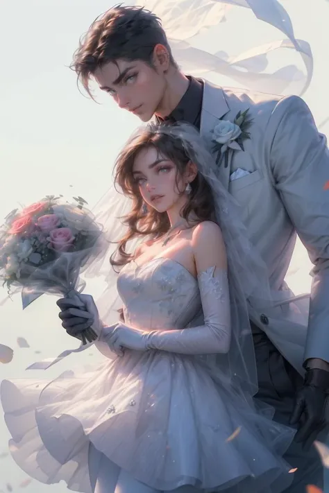 1girl, 1boy, dress, brown hair, wedding dress, jacket, hetero, necktie, couple, smile, strapless dress, pants, strapless, veil, flower, long hair, holding, jewelry, gloves, shirt, necklace, bouquet, white pants, holding bouquet, white dress, blue eyes, white shirt, open jacket, elbow gloves, white gloves, white jacket, pink necktie, bridal veil, white background, wedding, husband and wife, long sleeves, long dress, pink flower, floating hair, short hair, standing, open clothes, collarbone, look at the other, happy face, smile, <lora:ouka_长相忆:0.6> <lora:hairdetailer:1>