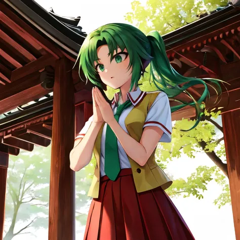 masterpiece, best quality, sonozaki mion, school uniform, collared shirt, red necktie, yellow vest, open vest, red skirt, short sleeves, 1 girl, solo, ponytail, green hair, long hair, green eyes AStemple, east asian architecture, temple, praying, own hands together