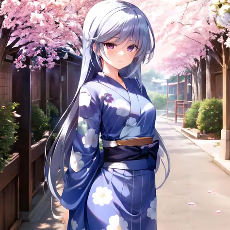 best quality, masterpiece, ultra-detailed, kazami kazuki, silver hair, 1 girl, solo, standing, long hair, purple eyes, yukata, hands behind back AStemple, east asian architecture,
