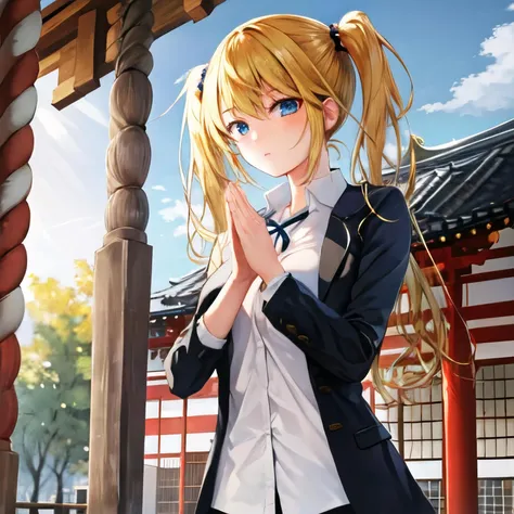 1 girl, masterpiece, best quality, twintails, office outfit, standing, blonde hair, blue eyes, AStemple, east asian architecture, temple, praying, own hands together