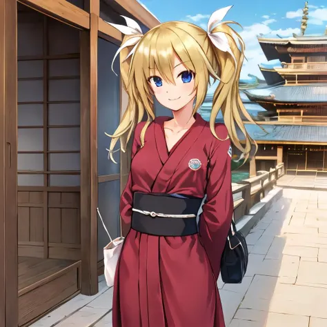 best quality, masterpiece, ultra-detailed, Arimura, 1girl, solo, blonde hair, blue eyes, collarbone, twintails, hair ribbon, white ribbon, yukata, ((hands behind back)), AStemple, east asian architecture, smile, temple