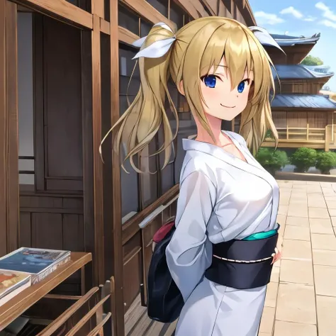 best quality, masterpiece, ultra-detailed, Arimura, 1girl, solo, blonde hair, blue eyes, collarbone, twintails, hair ribbon, white ribbon, yukata, ((hands behind back)), AStemple, east asian architecture, smile