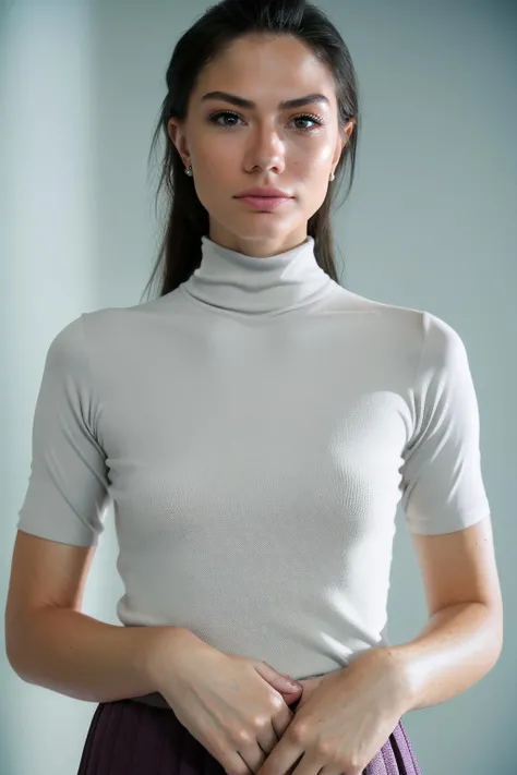 ((full body)) of a woman standing at attention on stage, smile, DemetOzdemir01, (diamond earrings, fine necklace),  shimmer blush, face oil, (freckles:0.7), collar, (((( long skirt, turtleneck t-shirt)))), she looking up viewer, (((arms spread))), ((((hands on waist)))), long hair, detailed face, dynamic pose, Photorealistic, Hyperrealistic, Hyperdetailed, analog style, matte skin, soft lighting, realistic, heavy shadow, masterpiece, best quality, ultra realistic, 8k, golden ratio, Intricate, High Detail, film photography, soft focus, RAW candid cinema, 16mm, color graded portra 400 film, remarkable color, textured skin, remarkable detailed pupils, realistic dull skin noise, visible skin detail, skin fuzz, dry skin, shot with cinematic camera, hip, waist, legs, <lora:DemetOzdemir01-000007:1>, (blush:0.5), (goosebumps:0.5), subsurface scattering.