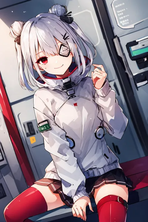 red thighhighs,1girl,white hair,eyepatch,<lora:IvarBonYamawaki :0.7>,cowboy shot,sitting,happy,red eyes,looking at viewer,skirt,dutch angle,depth of field,black_skirt,miniskirt,hood,hood down,long sleeves,pleated skirt,day,white jacket,thigh strap,hair bun,bangs,seductive_smile,two side up,hairclip,medium hair,
