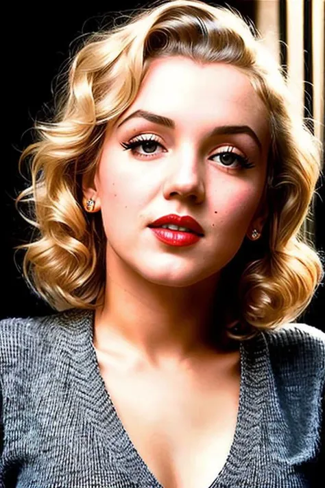 a face picture of MarilynM_T_v1-600 (with black sweater:1.2), ((front view)), red lips, (blond hair),and a ((close up:1.3)) long haircut, pale skin, slim body, background is city ruins, (high detailed skin:1.2), 8k uhd, dslr, soft lighting, high quality, film grain, Fujifilm XT3