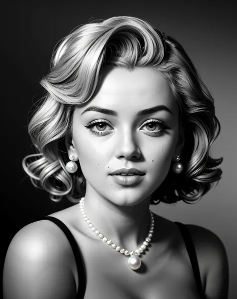 photo of beautiful (MarilynM_T_v1-600:0.99), detailed hairstyle, smug ,smirk, wearing a white pencil skirt dress, a dark grey background, style of George Hurrell, B & W, ((portrait)), seductive portrait pose, looking at the viewer, (((close up))), eye-liner, nails, dark eye shadow, looking at viewer, jewelry, pearl necklace, pearl earrings, pearl bracelet, perfect feet, back lit, soft lighting,