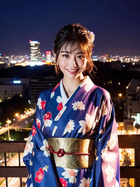 1girl,(japanese clothes, blue kimono, floral print, kimono, print kimono, sash, wide sleeves, obi),city background,(RAW photo, best quality), (realistic, photo-realistic:1.4), masterpiece, an extremely delicate and beautiful, extremely detailed, 2k wallpaper, Amazing, finely detail, extremely detailed CG unity 8k wallpaper, ultra-detailed, highres, soft light, beautiful detailed girl, extremely detailed eyes and face, beautiful detailed nose, beautiful detailed eyes,cinematic lighting,city lights at night,starry sky,perfect anatomy,slender body,light smile <lora:Kimono_v1:0.8>