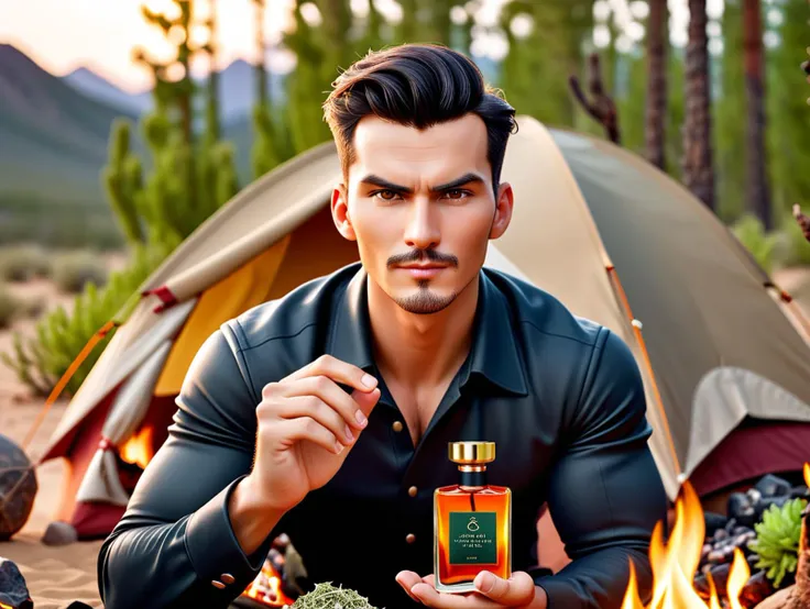 cinematic photo a masculine man zdyna_pose with a bottle of spicy perfume, he is surround by Bergamot, Pepper, Tonka beans, Patchouli and Oakmoss. he is camping with a campfire in a desert, productscene <lora:productscene:0.6> <lora:!action-sdxl-V0.5:0.5>  <lora:add-detail-xl:0.25> . 35mm photograph, film, bokeh, professional, 4k, highly detailed