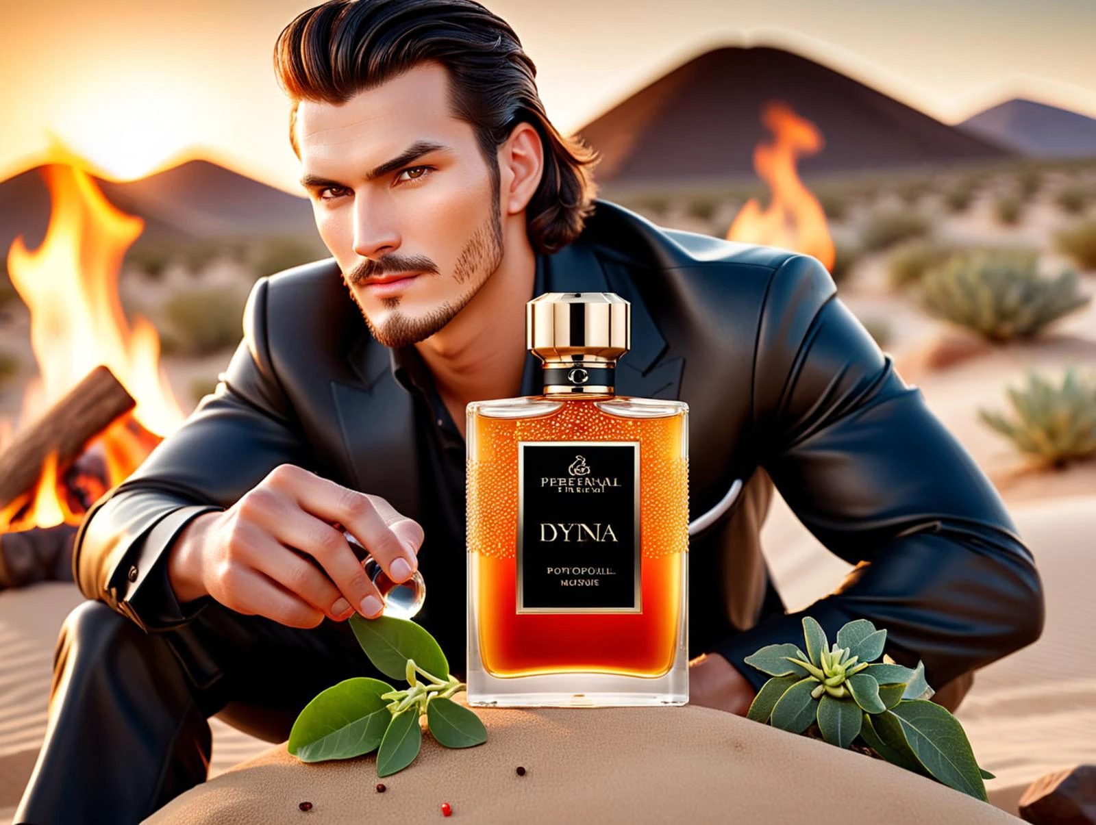 cinematic photo luxury product style of a masculine man zdyna_pose with a bottle of spicy perfume, he is surround by Bergamot, Pepper, Tonka beans, Patchouli and Oakmoss. he is camping with a campfire in a desert, productscene . elegant, sophisticated, high-end, luxurious, professional, highly detailed <lora:productscene:0.6> <lora:!action-sdxl-V0.5:0.5> <lora:add-detail-xl:0.25> . 35mm photograph, film, bokeh, professional, 4k, highly detailed