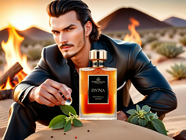 cinematic photo luxury product style of a masculine man zdyna_pose with a bottle of spicy perfume, he is surround by Bergamot, Pepper, Tonka beans, Patchouli and Oakmoss. he is camping with a campfire in a desert, productscene . elegant, sophisticated, high-end, luxurious, professional, highly detailed <lora:productscene:0.6> <lora:!action-sdxl-V0.5:0.5>  <lora:add-detail-xl:0.25> . 35mm photograph, film, bokeh, professional, 4k, highly detailed