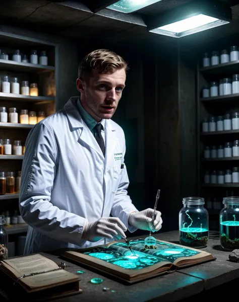 scientist in labcoat working in an underground laboratory, alchemy, vials with strange liquids, jars with eyes, multidimensional DMT LSD Shroom being, hyperspace, (Masterpiece, Best Quality:1.1), highres, 8k resolution, (ultra-detailed:1.1), RAW, photo, stop motion, action figures, professional color grading, 80mm, detailed background, photorealistic, (details:1.1), volumetric lighting, extremely detailed, surreal, 3D, painting digital illustration art, great depth and detailed interesting shadows, (cinematic look:1.1), duo tone, multiple colors, (prism:1.1), insane details, intricate details, hyperdetailed, madgod, stop motion, horror, cyberfusion, <lora:sdxl_RealEnhancerBeta:0.5>, <lora:sdxl_Xeno Book:0.8>, xeno book, <lora:sdxl_SCIFIEnv:0.2>