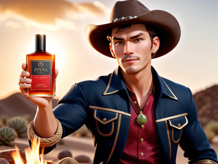 cinematic photo luxury product style productscene of a masculine man zdyna_pose is holding a bottle of spicy perfume, he is surround by Bergamot, Pepper, Tonka beans, Patchouli and Oakmoss. he is camping with a campfire next to an oasis in the desert . elegant, sophisticated, high-end, luxurious, professional, cow boy shot from shoulder level, highly detailed <lora:productscene:0.6> <lora:!action-sdxl-V0.5:0.5> <lora:add-detail-xl:0.25> . 35mm photograph, film, bokeh, professional, 4k, highly detailed