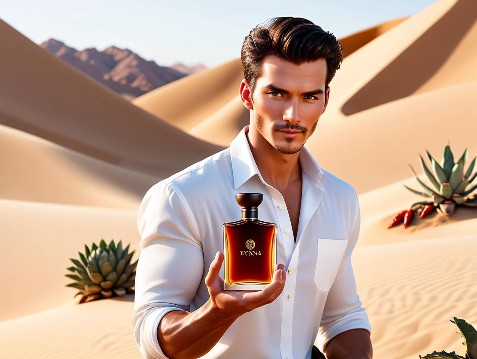 cinematic photo luxury product style productscene of a masculine man zdyna_pose is holding a bottle of spicy perfume, he is surround by Bergamot, Pepper, Tonka beans, Patchouli and Oakmoss. he is camping next to an oasis in the desert . elegant, sophisticated, high-end, luxurious, professional, medium full shot from shoulder level, highly detailed <lora:productscene:0.6> <lora:!action-sdxl-V0.5:0.5> <lora:add-detail-xl:0.25> . 35mm photograph, film, bokeh, professional, 4k, highly detailed