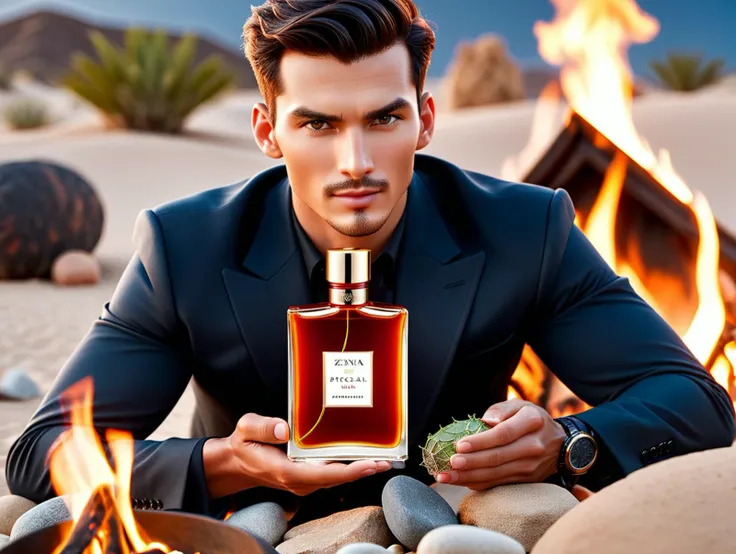 cinematic photo luxury product style productscene of a masculine man zdyna_pose is holding a bottle of spicy perfume, he is surround by Bergamot, Pepper, Tonka beans, Patchouli and Oakmoss. he is camping with a campfire next to an oasis in the desert . elegant, sophisticated, high-end, luxurious, professional, highly detailed <lora:productscene:0.6> <lora:!action-sdxl-V0.5:0.5> <lora:add-detail-xl:0.25> . 35mm photograph, film, bokeh, professional, 4k, highly detailed