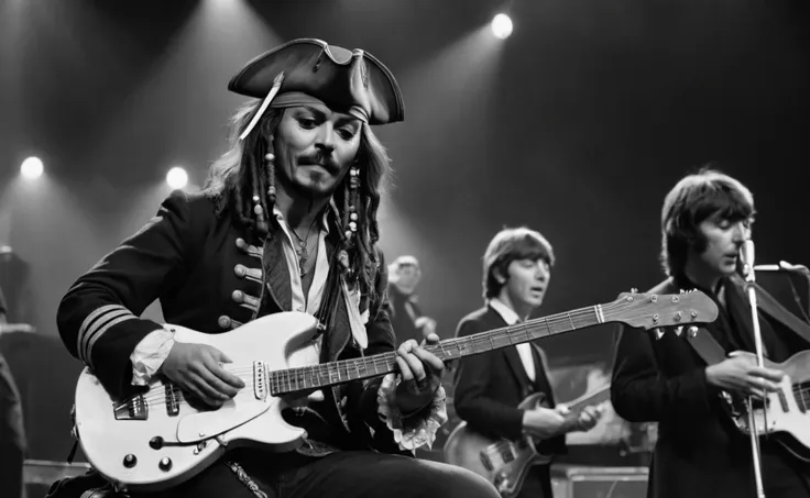 Pirate Jack Sparrow playing guitar in a band with the Beatles,on stage with John Lennon and Paul McCartney and George Harrison,complex lighting,detailed background,cinematic effect,masterpiece,8k,HDR,<lora:add-detail-xl:0.6>,a banner that says "The Beatles" in the background,<lora:badhands:0.4>,