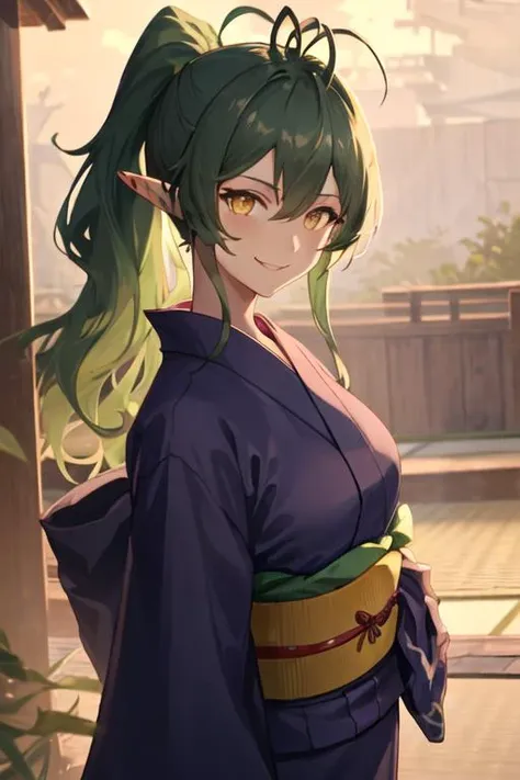 best quality, masterpiece, highres, solo, {yukata:1.40}, {kimono:1.20}, {gavial_arknights:1.15}, green_hair, long_hair, bangs, pointy_ears, yellow_eyes, hair_between_eyes, smile, breasts, antenna_hair, upper_body, ponytail