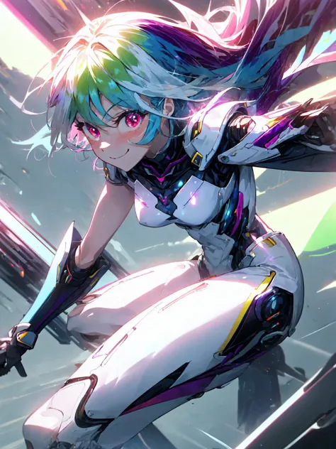 best quality,<lora:add_detail:0.3>, (1girl, solo, adult female, mature female),  <lora:concept_goodHands:1>, <lora:detailed_eyes:1>,
<lora:character_rainbowdashHuman_(mlpdash):0.9>, mlpdash, pink eyes, (rainbow hair:1.1), [muscular, biceps], abs, leg muscles, small breasts, smile,  <lora:style_neoFuturisticTech_(neotech--sleek):1>, neotech armor, rainbow armor, sleek armor, neotech city background