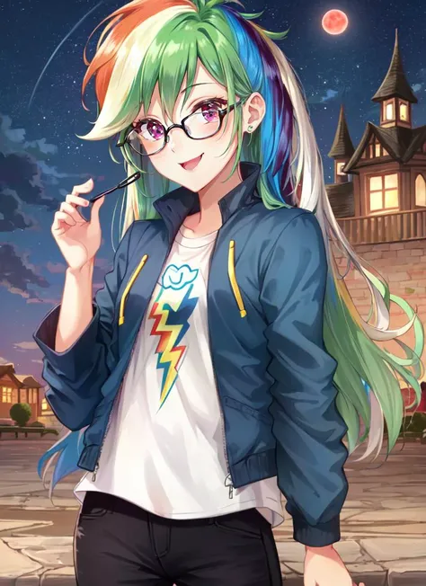 ((best quality)), ((highly detailed)), masterpiece, detailed face, beautiful face, (detailed eyes, deep eyes), (1girl), (glasses), cowboy shot, <lora:mlp_rainbowdash:1>, mlpdash, (rainbow hair), purple eyes, smile, cropped jacket, shirt, pants, (in a castle), midnight, night sky, stars, blood moon