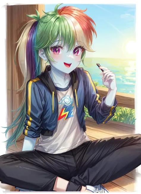 ((best quality)), ((highly detailed)), masterpiece, (detailed eyes, deep eyes), (1girl), full body, <lora:hairdetailer:1>, <lora:mlp_rainbowdash:1>, mlpdash, ((colored skin, blue skin)), (rainbow hair), purple eyes, smile, cropped jacket, shirt, pants, (in a resort, sun down)