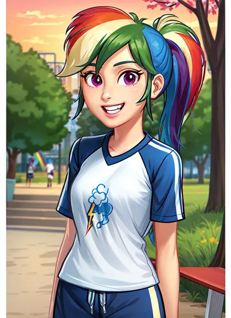 ((best quality)), ((highly detailed)), masterpiece, absurdres, (detailed eyes, deep eyes), <lora:more_details:.2>, (1girl), dynamic pose, upper body, <lora:mlp_rainbowdash:1>, mlpdash, (rainbow hair), purple eyes, grin, jersey, sportswear, soccer uniform, shorts, soccer ball, ponytail, (in a park, trees, path, park bench, dawn, sunrise), <lora:DarkCookie_V1:.8>