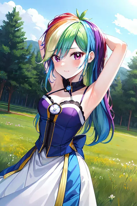 masterpiece, best quality, highres, absurdres, ultra detailed, pretty eyes,
aaaqua, long hair, blue hair, hair rings, hair ornament, choker, bare shoulders, green bow, blue shirt, detached sleeves, blue skirt, thighhighs, huggling_large_bottle, happy, red_faced, drunk, wobblely,
keeling, grass_field, flowers, meadow, sunrise
<lora:aqua_(konosuba)_v1:0.7>