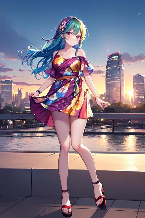masterpiece, best quality, highres, mlpdash, colored skin, blue skin, rainbow hair, purple eyes, (Wrap_top:1.5),(Floral_printed_skirt:1.4),(Block_heel_sandals:1.3),(Evening_cityscape_background:1.4) , <lora:mlp_rainbowdash:0.8>, looking at viewer, sunrise, vibrant colors, horizon glow, tranquil , <lora:add_detail:0.3>