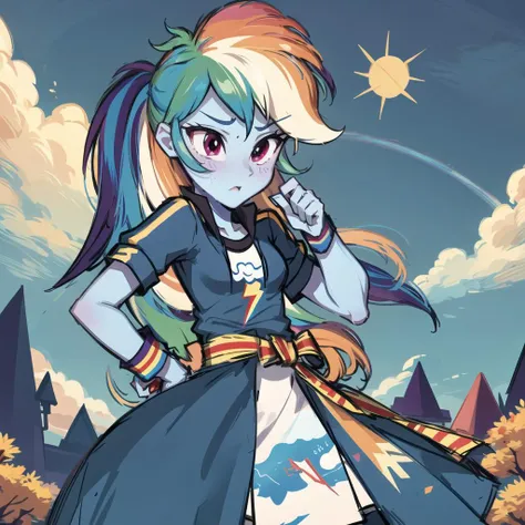 (masterpiece, best quality:1.1),solo,1girl,<lora:bg_imgs-10:1>,<lora:mlp_rainbowdash-10:1>,mlpdash,(colored blue skin:1.2),(blue skin:1.2),(rainbow hair:1.2),purple eyes,sun,the top of the hill,stratus,cowboy_shot,in autumn,(tall female:1.3),(adult:1.1),dress,(embarrass:1.5),
