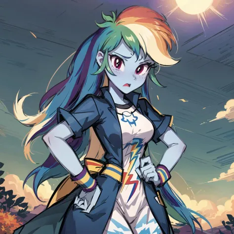 (masterpiece, best quality:1.1),solo,1girl,<lora:bg_imgs-10:1>,<lora:mlp_rainbowdash-10:1>,mlpdash,(colored blue skin:1.2),(blue skin:1.2),(rainbow hair:1.2),purple eyes,sun,the top of the hill,stratus,cowboy_shot,in autumn,(tall female:1.3),(adult:1.1),dress,(embarrass:1.5),