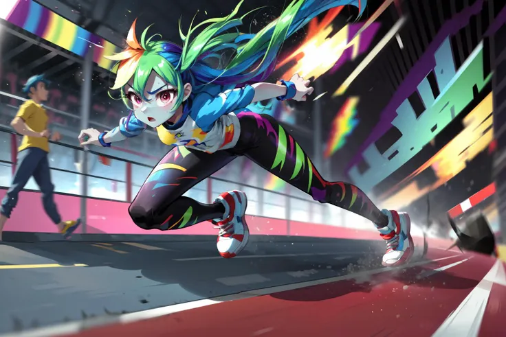 masterpiece,best quality,1girl,solo,solo focus,mlpdash,colored skin,blue skin,rainbow hair,purple eyes,buruma,running,sonic speed,running track,speed lines,motion lines,motion blur,<lora:mlp_rainbowdash:1>,