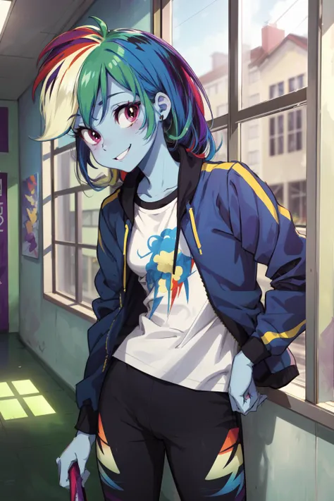 masterpiece,best quality,1girl,mlpdash,colored skin,blue skin,rainbow hair,purple eyes,cropped jacket,shirt,pants,smile,leaning on window,corridor,<lora:mlp_rainbowdash:1>,
