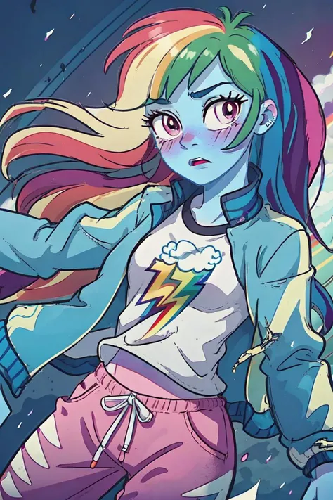 (mlpdash:1.2), (colored skin, blue skin:1.5), (rainbow hair:1.5), (purple eyes, pink blush, long hair, side bangs:1.2), (blue cropped jacket, pants, shirt, rainbow details on pants:1.2), sporty, cloud background, (realistic:1.2), (masterpiece:1.2), (full-body-shot:1.2),(Cowboy-shot:1.2), neon lighting, dark romantic lighting, (highly detailed:1.2),(detailed face:1.2), (gradients), colorful, detailed eyes, (detailed landscape:1.2), (natural lighting:1.2),(detailed background), detailed landscape, (dynamic pose:1.2), solo, close up, <lora:mlp_rainbowdash-10:0.85> <lora:add_detail:0.15> <lora:hipoly3DModelLora_v10:0.05> <lora:RSERomantic_RSESofiko_RSEEmma-v1:0.1> <lora:BeautifulEyes:0.65> <lora:CharacterDesign_Concept-10:0> <lyco:coloredSkin-08:0.3>