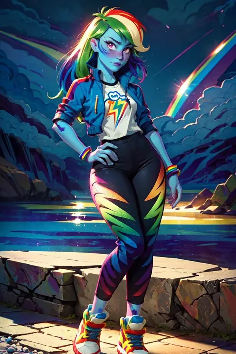 (mlpdash:1.2), (colored skin, blue skin:1.5), (rainbow hair:1.5), (purple eyes, pink blush, long hair, side bangs:1.2), (blue cropped jacket, pants, shirt, rainbow details on pants:1.2), sporty, cloud background, (realistic:1.2), (masterpiece:1.2), (full-body-shot:1.2),(Cowboy-shot:1.2), neon lighting, dark romantic lighting, (highly detailed:1.2),(detailed face:1.2), (gradients), colorful, detailed eyes, (detailed landscape:1.2), (natural lighting:1.2),(detailed background), detailed landscape, (dynamic pose:1.2), solo, close up, <lora:mlp_rainbowdash-10:0.85> <lora:add_detail:0.15> <lora:hipoly3DModelLora_v10:0.05> <lora:RSERomantic_RSESofiko_RSEEmma-v1:0.1> <lora:BeautifulEyes:0.65> <lora:CharacterDesign_Concept-10:0> <lyco:coloredSkin-08:0.3>
