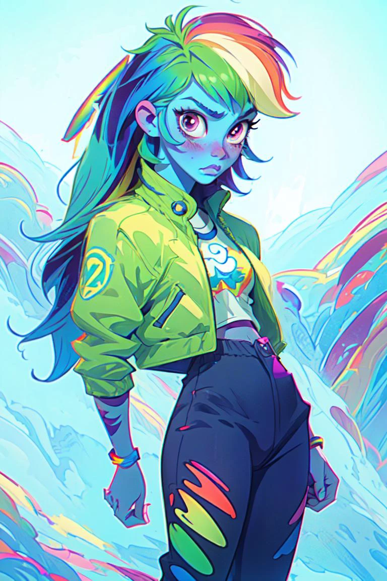 (mlpdash:1.2), (colored skin, blue skin:1.5), (rainbow hair:1.5), (purple eyes, pink blush, long hair, side bangs:1.2), (cropped jacket, pants, shirt, rainbow details on pants:1.2), sporty, nature background, (realistic:1.2), (masterpiece:1.2), (full-body-shot:1.2),(Cowboy-shot:1.2), neon lighting, dark romantic lighting, (highly detailed:1.2),(detailed face:1.2), (gradients), colorful, detailed eyes, (detailed landscape:1.2), (natural lighting:1.2),(detailed background), detailed landscape, (shy pose:1.2), solo, close up, <lora:mlp_rainbowdash-10:0.85> <lora:add_detail:0.15> <lora:hipoly3DModelLora_v10:0.05> <lora:RSERomantic_RSESofiko_RSEEmma-v1:0.1> <lora:BeautifulEyes:0.65> <lora:CharacterDesign_Concept-10:0> <lyco:coloredSkin-08:0.4>