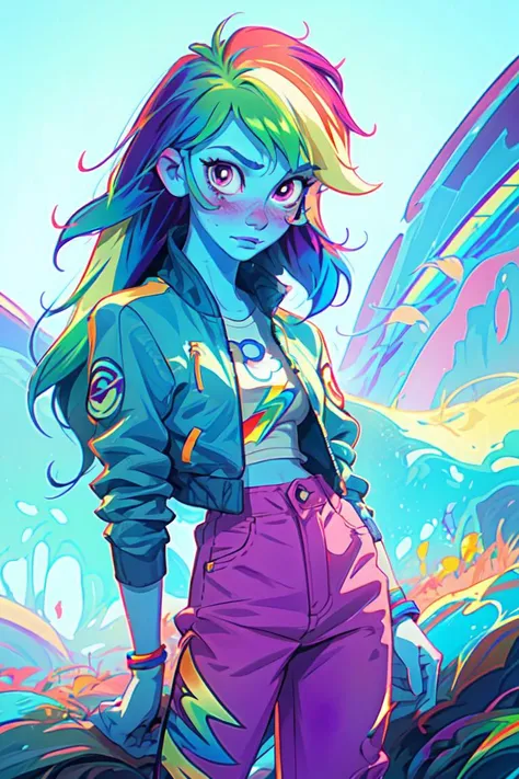 (mlpdash:1.2), (colored skin, blue skin:1.5), (rainbow hair:1.5), (purple eyes, pink blush, long hair, side bangs:1.2), (cropped jacket, pants, shirt, rainbow details on pants:1.2), sporty, nature background, (realistic:1.2), (masterpiece:1.2), (full-body-shot:1.2),(Cowboy-shot:1.2), neon lighting, dark romantic lighting, (highly detailed:1.2),(detailed face:1.2), (gradients), colorful, detailed eyes, (detailed landscape:1.2), (natural lighting:1.2),(detailed background), detailed landscape, (shy pose:1.2), solo, close up, <lora:mlp_rainbowdash-10:0.85> <lora:add_detail:0.15> <lora:hipoly3DModelLora_v10:0.05> <lora:RSERomantic_RSESofiko_RSEEmma-v1:0.1> <lora:BeautifulEyes:0.65> <lora:CharacterDesign_Concept-10:0> <lyco:coloredSkin-08:0.4>