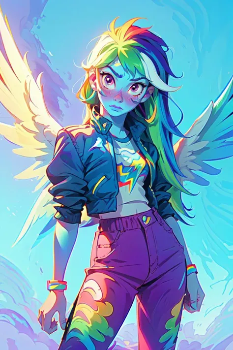 (mlpdash:1.2), (blue Pegasus wings:1.5), (colored skin, blue skin:1.5), (rainbow hair:1.5), (purple eyes, pink blush, long hair, side bangs:1.2), (cropped jacket, pants, shirt, rainbow details on pants:1.2), sporty, nature background, (realistic:1.2), (masterpiece:1.2), (full-body-shot:1.2),(Cowboy-shot:1.2), neon lighting, dark romantic lighting, (highly detailed:1.2),(detailed face:1.2), (gradients), colorful, detailed eyes, (detailed landscape:1.2), (natural lighting:1.2),(detailed background), detailed landscape, (dynamic pose:1.2), solo, close up, <lora:mlp_rainbowdash-10:0.85> <lora:add_detail:0.15> <lora:hipoly3DModelLora_v10:0.05> <lora:RSERomantic_RSESofiko_RSEEmma-v1:0.1> <lora:BeautifulEyes:0.65> <lora:CharacterDesign_Concept-10:0> <lyco:coloredSkin-08:0.3>