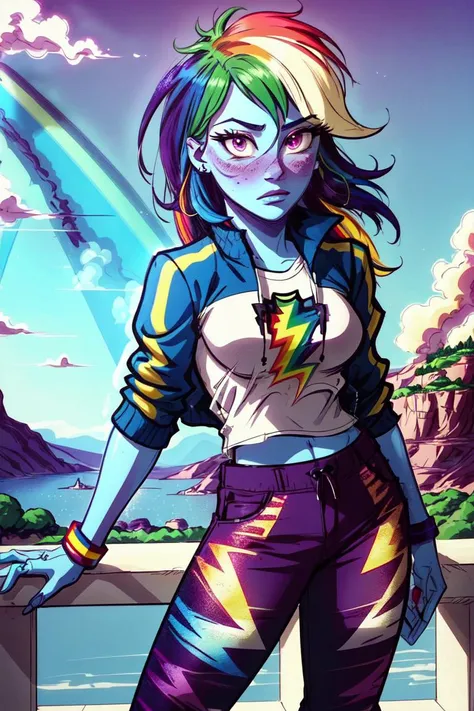 (mlpdash:1.2), (colored skin, blue skin:1.5), (rainbow hair:1.5), (purple eyes, pink blush, long hair, side bangs:1.2), (blue cropped jacket, pants, shirt, rainbow details on pants:1.2), sporty, cloud background, (realistic:1.2), (masterpiece:1.2), (full-body-shot:1.2),(Cowboy-shot:1.2), neon lighting, dark romantic lighting, (highly detailed:1.2),(detailed face:1.2), (gradients), colorful, detailed eyes, (detailed landscape:1.2), (natural lighting:1.2),(detailed background), detailed landscape, (dynamic pose:1.2), solo, close up, <lora:mlp_rainbowdash-10:0.85> <lora:add_detail:0.15> <lora:hipoly3DModelLora_v10:0.05> <lora:RSERomantic_RSESofiko_RSEEmma-v1:0.1> <lora:BeautifulEyes:0.65> <lora:CharacterDesign_Concept-10:0> <lyco:coloredSkin-08:0.3>